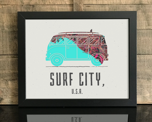 VW Van Beach Map Print, Huntington Beach Map, Surf City USA Map Art, Travel Gift, Birthday Gift Art, Wedding Gift, Beach Map Art