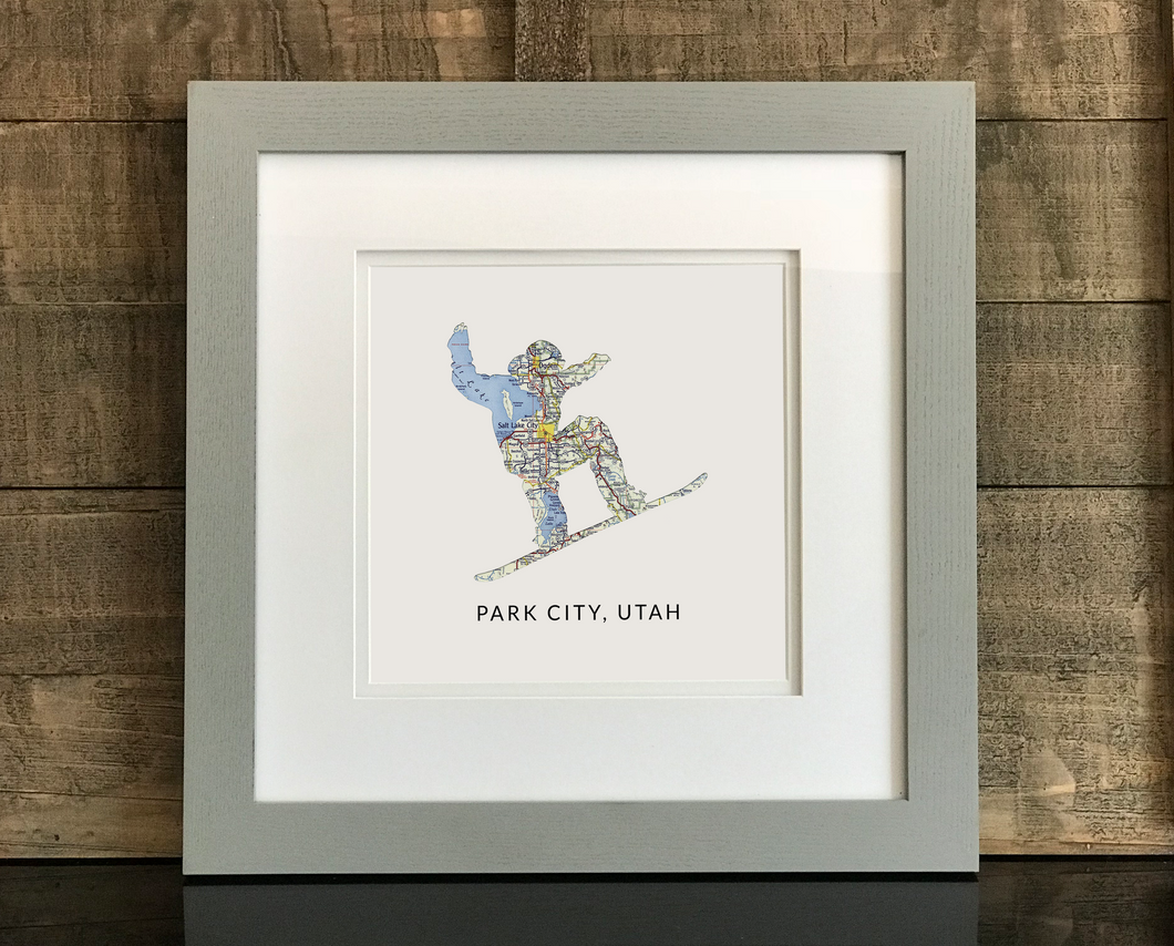 Snowboarder Map Print, Park City Utah Map, Custom Map Art, Travel Gift, Birthday Gift Art, Personalized Wedding Print, Gift for Couple
