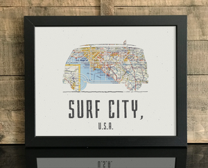 VW Van Beach Map Print, Huntington Beach Map, Surf City USA Map Art, Travel Gift, Birthday Gift Art, Wedding Gift, Beach Map Art