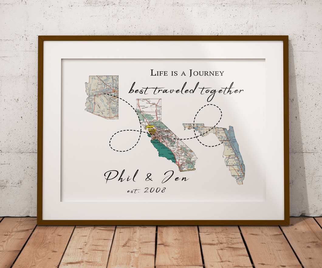 Life is a Journey Personalized 3 States Map Print, 3 Countries Custom Map Print, Family Travel Map Print, Long Distance Relationship Map Art