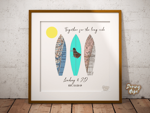FunNtheSun Together for the Long Ride Surfboards Personalized Map Print, Custom Map Art, Travel Gift, Anniversary Gift Art, Personalized Wedding Print, Gift for Couple