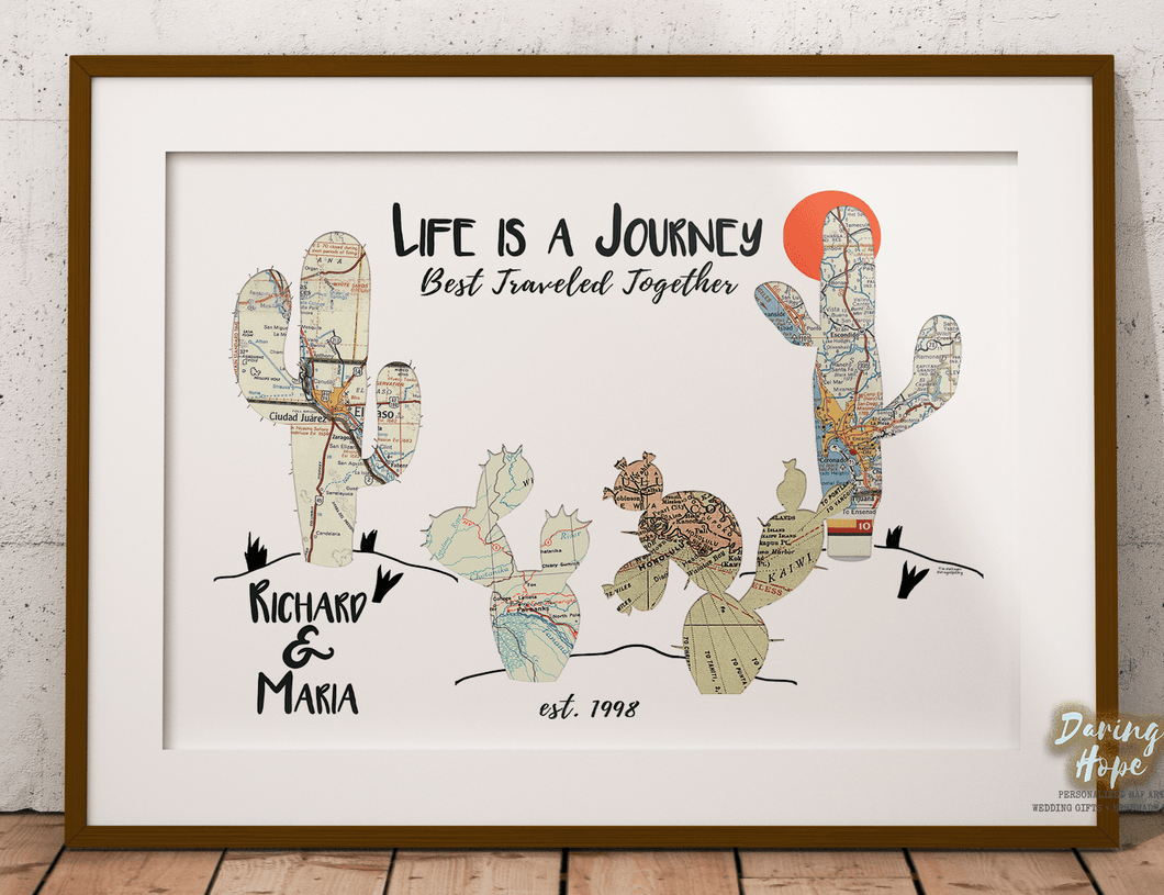 4 Cactus Desert Map Art, Custom Map Print, Travel Gift, Anniversary Gift Art, Personalized Wedding Print,Gift for Couple2