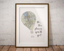 Oh the places you'll go Balloon Print, Dr Suess Custom Map Art, 1 Map Hot Air Balloon Art, Baby Nursery Decor, Personalized Graduation Gift