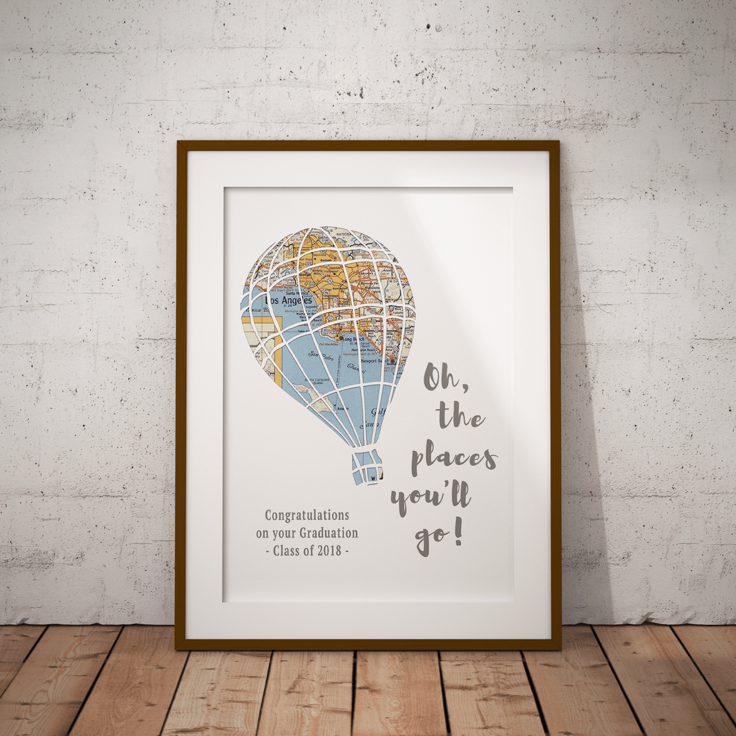 Oh the places you'll go Balloon Print, Dr Suess Custom Map Art, 1 Map Hot Air Balloon Art, Baby Nursery Decor, Personalized Graduation Gift