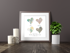 Four Hearts Print, 4 Personalized Heart Maps Print, Custom Map Art, Anniversary Gift Art, Personalized Wedding Print, Gift for Couple