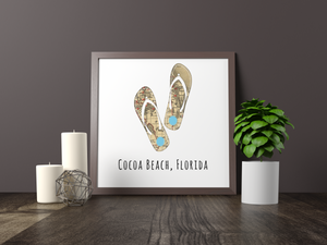 Flip Flops Beach Map Print, Cocoa Beach Florida Map, Map Art, Travel Gift, Birthday Gift Art, Wedding Gift, Gift for Couple, Home Decor