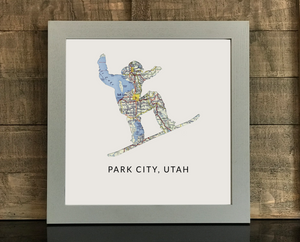 Snowboarder Map Print, Park City Utah Map, Custom Map Art, Travel Gift, Birthday Gift Art, Personalized Wedding Print, Gift for Couple