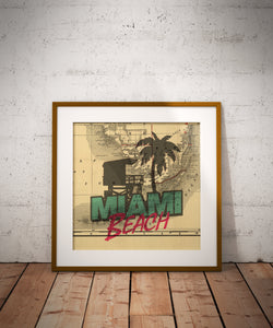 Miami Beach Map Print, Miami Beach Florida Map, Map Art, Famous Lifeguard Tower and Palm Tree, Travel Gift, Birthday Gift Art, Wedding Gift
